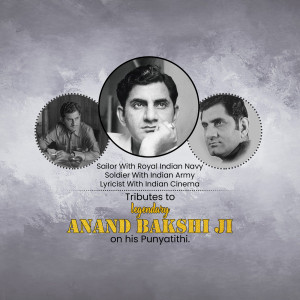 Tribute image for Anand Bakshi Ji on his Punyathithi, featuring portraits and text.