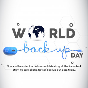 World Backup Day graphic with a globe, backup drive, and text.
