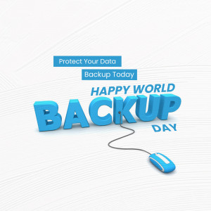 3D rendering of the words 'BACKUP' with a mouse connected to the 'U', promoting data backup.