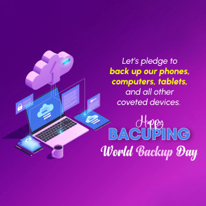 Isometric illustration of devices being backed up to the cloud for World Backup Day.