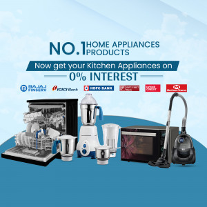 Advertisement for Bajaj Finserv offering 0% interest on kitchen appliances from various brands.