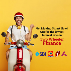 Man on a scooter promoting low interest two-wheeler finance from SBI