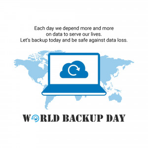 Illustration depicting data backup with a laptop, cloud, and world map.
