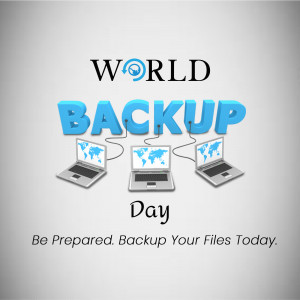 World Backup Day promotional image with laptops and globe icons