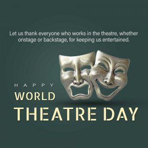 Two silver theatre masks representing comedy and tragedy with text celebrating World Theatre Day.