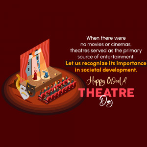 Isometric illustration of a theatre stage with audience and text celebrating World Theatre Day.