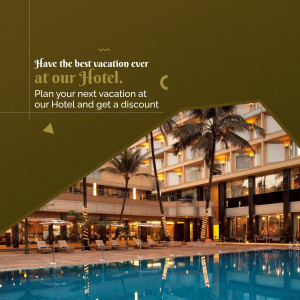 Hotel with pool and palm trees, advertising a vacation discount.