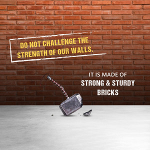 Thor's hammer, Mjolnir, broken against a brick wall with text.