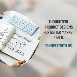 Sketchbook with product design sketches and a keyboard, promoting thoughtful product designs.