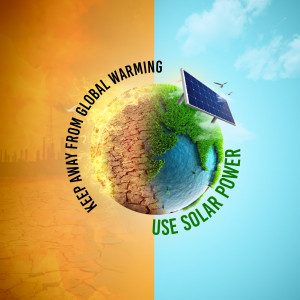 A split image depicting the effects of global warming and the solution of solar power.