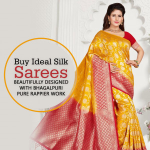 Woman wearing a beautiful yellow and red Bhagalpuri silk saree