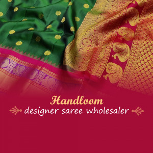 Close-up of a vibrant green and red handloom saree with gold detailing