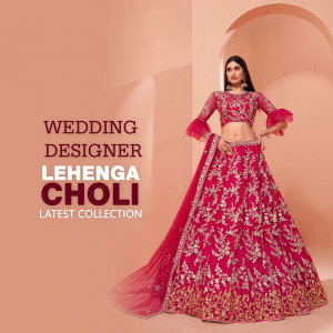 Model wearing a red embroidered lehenga choli for a wedding