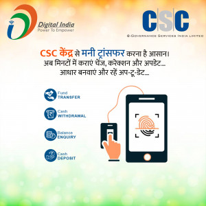 Image depicting money transfer services offered by CSC Digital India, including Aadhaar based transactions.