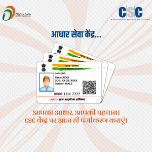 Image of Aadhaar card and CSC logo promoting registration services.