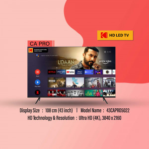 Kai CA Pro 43 inch Ultra HD LED TV displaying streaming apps