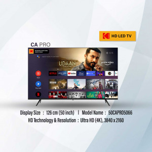 Kai Pro 50 inch Ultra HD LED TV displaying streaming apps