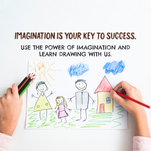 Child's drawing of a family with the text 'Imagination is your key to success'