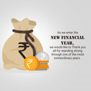Image depicting a bag of money with Indian Rupees and a message for the New Financial Year.