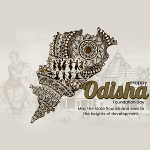 Odisha map with cultural elements and text 'Happy Odisha Foundation Day'