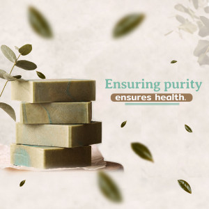 Stack of natural green soap bars with eucalyptus leaves and text 'Ensuring purity ensures health.'