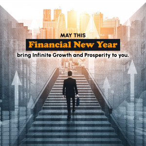 Man walking up stairs towards a city skyline with text 'Financial New Year'