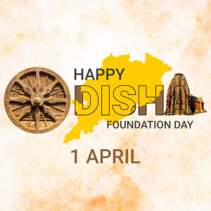 Odisha Foundation Day graphic with state map, Konark Wheel, and Jagannath Temple