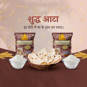 Pack of Shudh Atta with roti and wheat grains