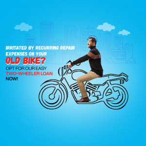 Man on a bike with text promoting two-wheeler loans for bike repairs.