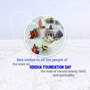 Odisha Foundation Day celebration image with landmarks and text.