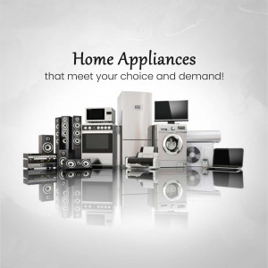 A collection of modern home appliances including a refrigerator, washing machine, microwave, oven, TV, and speakers.