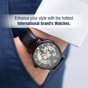 Close-up of a man's wrist wearing a stylish black leather strap watch with a skeleton dial.