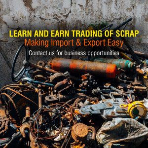 Pile of scrap metal with text overlay promoting trading opportunities.
