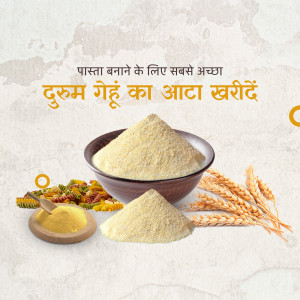 Bowl of durum wheat flour with wheat stalks and pasta ingredients