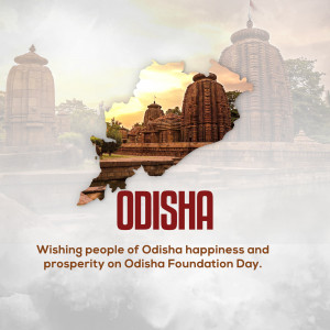 Odisha Foundation Day graphic with temple and state outline
