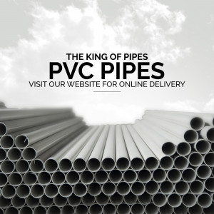 Stack of gray PVC pipes with text 'The King of Pipes'