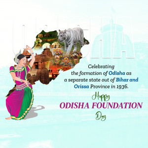 Odisha Foundation Day graphic featuring cultural elements and a map