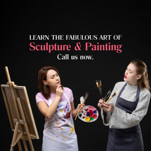 Two women in aprons with painting supplies, promoting a sculpture and painting workshop.