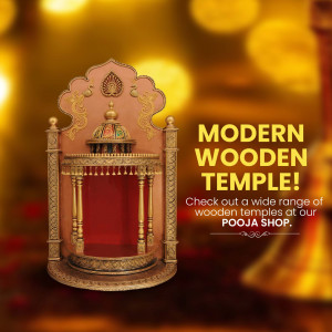 A beautifully crafted modern wooden temple with intricate details.