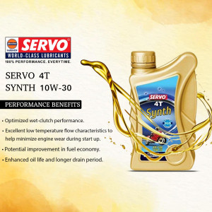 Image of Servo 4T Synth 10W-30 engine oil bottle with golden splash effects.