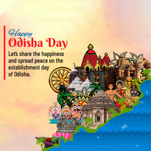 Odisha Day celebration graphic with temple and cultural elements