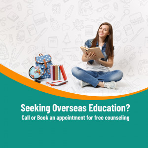 Young woman studying with school supplies, promoting overseas education counseling.