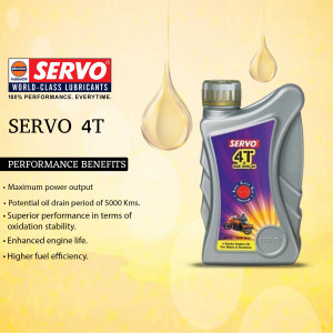 Image of Servo 4T engine oil bottle with product benefits listed.