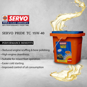 Image of Servo Pride TC 15W-40 lubricant container with splashing oil.