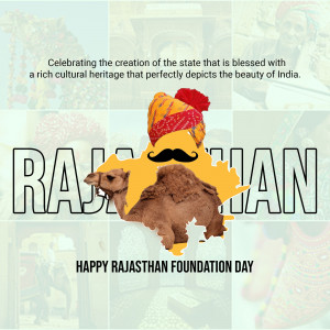 Rajasthan Foundation Day graphic with a camel, turban, and map