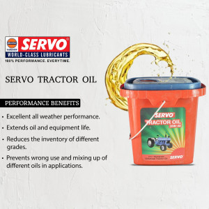 Image of Servo Tractor Oil container with liquid splash and product benefits listed.