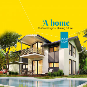 Modern house with a swimming pool and lush greenery, advertising a real estate opportunity.