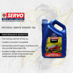 Image of a blue Hyundai Servo engine oil bottle with a golden background and text highlighting performance benefits.
