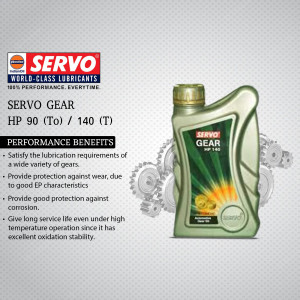 Image of Servo Gear HP 90/140 lubricant bottle with performance benefits listed.