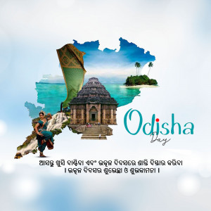 Odisha Day graphic featuring Konark Sun Temple, coastline, and cultural elements.